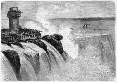 Jenkins americano cruzando las Cataratas del Niágara en un velocípedo en 1869 de Unknown artist