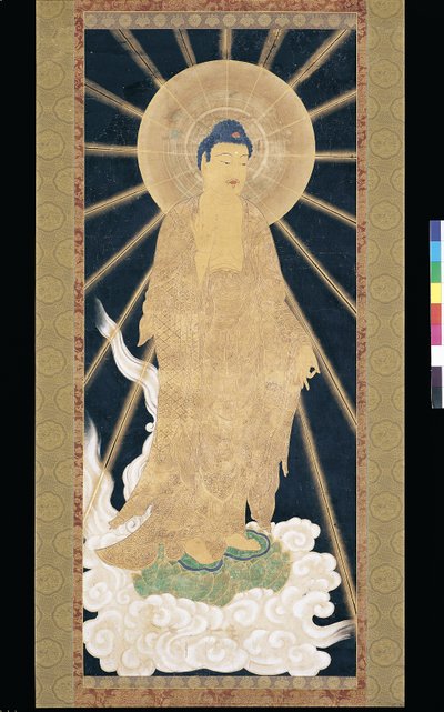 Tríada de Amitabha (Amida) descendiendo del cielo (pigmento sobre konshi (papel de arroz azul)) de Unknown artist