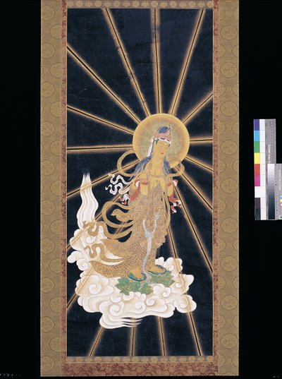 Tríada de Amitabha (Amida) descendiendo del cielo (pigmento sobre konshi (papel de arroz azul)) de Unknown artist
