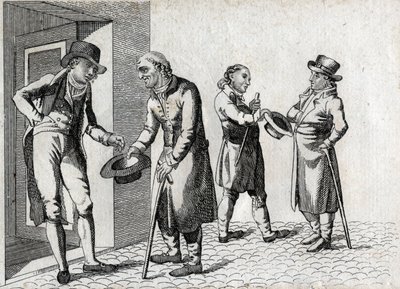 Amone. Mendigos tendiendo sombreros para recibir monedas. Grabado de finales del siglo XVIII. Colección privada. de Unknown artist