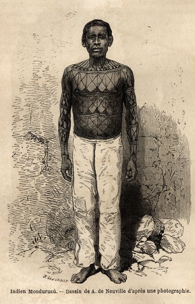 Un indio Mondurucu (o Mundurucu), tribu del estado de Pará, en la región del río Tapajós de Unknown artist