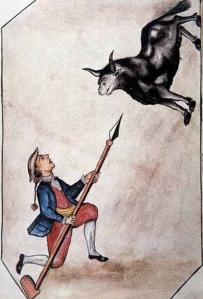 Un indio apuntando con su lanza a un toro, del libro "Trujillo del Perú" o "Códice Martínez Compañón", por Baltazar Martínez Compañón y Bujanda, obispo de Trujillo (1782-1785) de Unknown artist