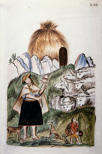 Una pastora india cerca de su cabaña con su rebaño, del libro "Trujillo del Perú" o "Códice Martínez Compañón", por Baltazar Martínez Compañón y Bujanda, obispo de Trujillo (1782-1785) de Unknown artist