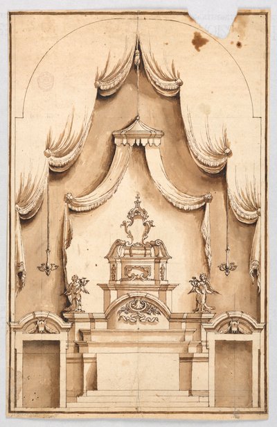 Un altar con una estructura para la exhibición de una cruz, probablemente un Santo Sepulcro de Unknown artist