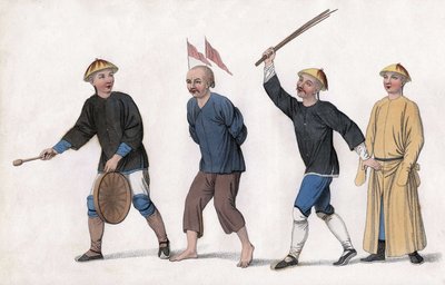 Un acusado es llevado a la corte. Para atraer la atención del público, se fijan banderas rojas en su cabeza y un hombre toca el gong. Grabado, en "Los Castigos de los Chinos", Londres de Unknown artist