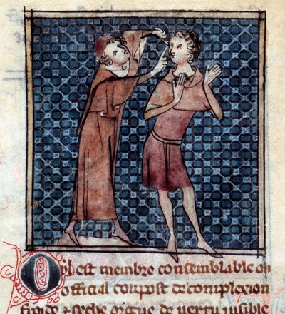 Figura anatómica: doctor examinando el ojo de un paciente. Miniatura del manuscrito 