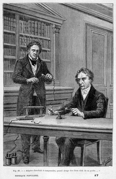 André Marie Ampère buscaba entender cuando François Arago sacó dos llaves de su bolsillo - en “Physique populaire” de Emile Desbeaux de Unknown artist