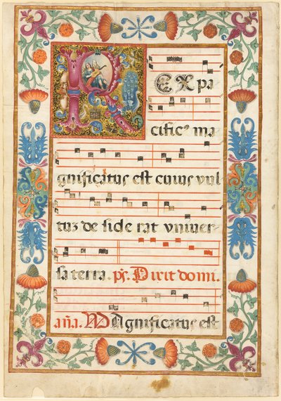 Ángel tocando un instrumento en una "R" inicial decorada con flora, fauna y grotescos, de una antífona de Unknown artist