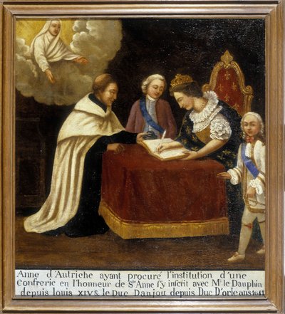 Ana de Austria, habiendo instituido una hermandad en honor de Santa Ana, la unió con el delfín y el Duque de Anjou (ahora Luis XIV y Duque de Orleans, llamado Monsieur) de Unknown artist
