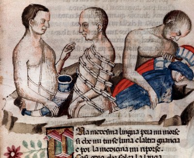 Anteo el gigante baja a Dante y Virgilio al suelo helado del círculo de la Traición (canto 31 del Infierno, en la Divina Comedia) - miniatura del siglo XV de Unknown artist