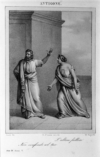 Antígona Acto IV, escena 5. Tragedia italiana de Vittorio Alfieri escrita en 1783 después de la mitología griega. Grabado del siglo XVIII de Unknown artist