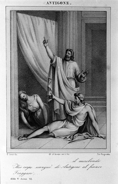 Antígona Acto V, escena 6. Tragedia italiana de Vittorio Alfieri escrita en 1783 después de la mitología griega. Grabado del siglo XVIII de Unknown artist