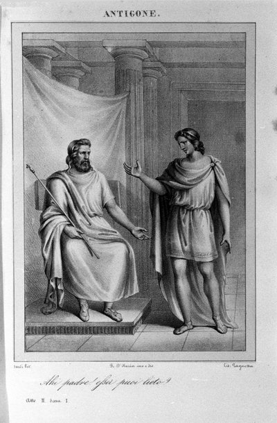 Antígona Acto II, escena 1. Tragedia italiana de Vittorio Alfieri escrita en 1783 después de la mitología griega. Grabado del siglo XVIII de Unknown artist