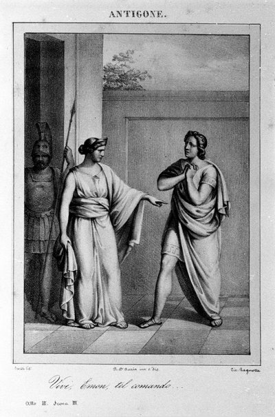 Antígona Acto I, escena 3. Tragedia italiana de Vittorio Alfieri escrita en 1783 después de la mitología griega. Grabado del siglo XVIII de Unknown artist