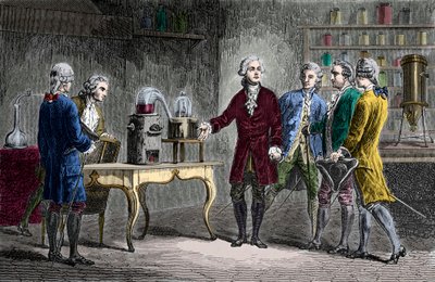 Antoine Laurent Lavoisier (1743-1894) ejecuta la descomposición del aire en 1776 - Antoine Laurent Lavoisier, químico inglés, mostrando a sus colegas su experimento que reveló la composición del aire en 1776 - Grabado de Louis Figuier de Unknown artist