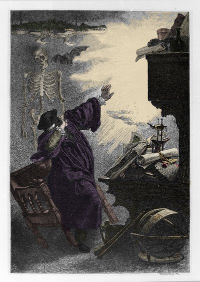 Aparición de Mefistófeles (Mefisto) a Fausto. Ilustración de 