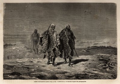 Beduinos árabes, comerciantes de pieles de pantera y lana de oveja, en ruta hacia el mercado de Bagdad (Irak). Grabado para ilustrar el viaje a Babilonia, en 1866, por Guillaume Lejean, en “Le tour du monde, nouveau journal des voyages” publicado bajo la d de Unknown artist