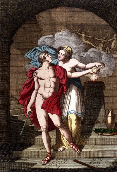 Ariadna da a Teseo el hilo para que pueda salir del laberinto - en Dizionario mitologico de Unknown artist