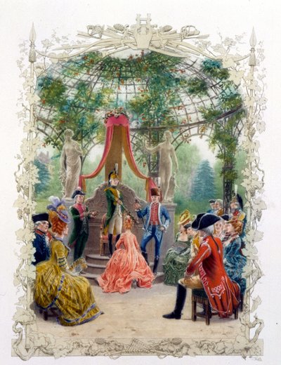 Ceremonia aristocrática en un jardín (¿el castillo de Versalles?) en “Una mujer de calidad en el siglo pasado” 1778 de Unknown artist