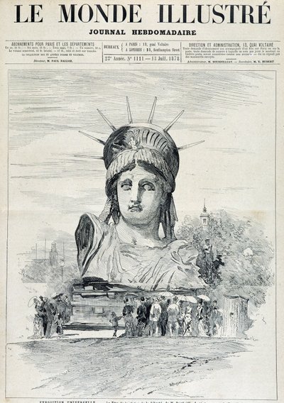 En la Exposición Mundial de 1878: la cabeza de la Estatua de la Libertad por el Sr. Bartholdi, destinada al Puerto de Nueva York - en "The Illustrated World" del 13/07/1878 de Unknown artist