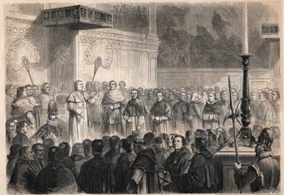 Audiencia dada por el Papa Pío IX (1792-1878) a eclesiásticos extranjeros en la Capilla Sixtina en Roma con motivo de las celebraciones de la canonización de los 26 "mártires de Japón", un grupo de católicos crucificados en Japón en 1597. de Unknown artist