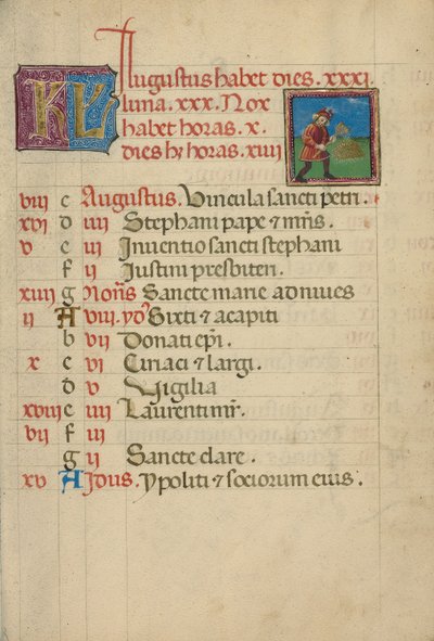 Página del calendario de agosto; Trilla de Unknown artist