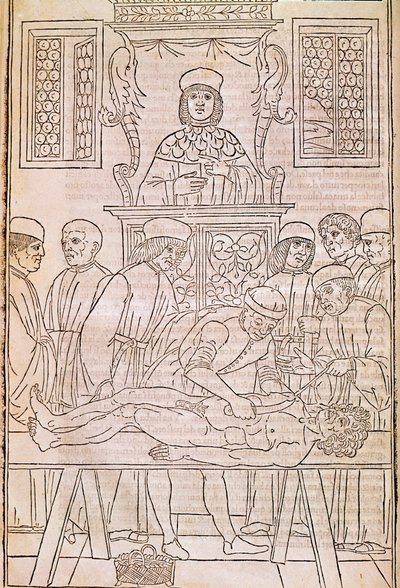 Autopsia. El cuerpo de un hombre muerto disecado por médicos para un estudio de anatomía. "Fascicula Medicinae". Códice de un fascículo médico de Johannes Kethan de Unknown artist