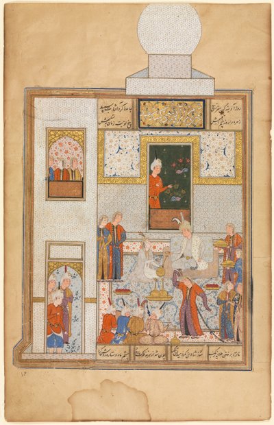 Bahram visita el pabellón de cúpula blanca el viernes, ilustrado con texto en Khamsa de Nizami (verso), de un Haft Paykar (Siete retratos) de Nizami de Unknown artist