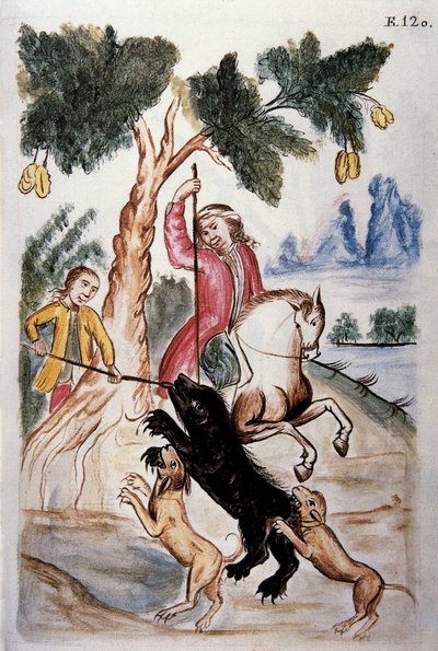 Caza de osos, del libro "Trujillo del Perú" o "Códice Martínez Compañón", por Baltazar Martínez Compañón y Bujanda, obispo de Trujillo (1782-1785) de Unknown artist