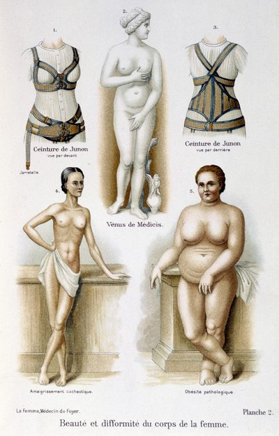 Belleza y deformidad del cuerpo de la mujer (delgadez y obesidad); cinturones de Juno - en "La mujer, médico del hogar" de Unknown artist