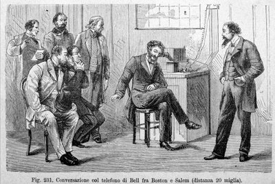 Conversación telefónica de Bell entre Boston y Salem (20 millas de distancia). Grabado del siglo XIX de Unknown artist