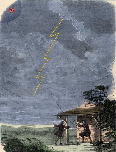 Benjamin Franklin, filósofo, físico y embajador estadounidense, experimentando con su pararrayos montado en una cometa. Septiembre de 1752 de Unknown artist