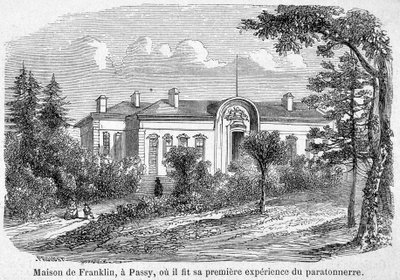 Casa de Benjamin Franklin en Passy, donde hizo su primera experiencia con el pararrayos - grabado de Unknown artist