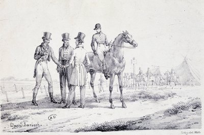 Apuesta al borde del campo de carreras con un jinete a caballo - litografía, principios del siglo XIX de Unknown artist