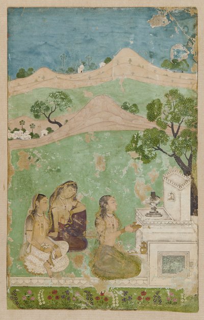 Bhairavi Ragini (un modo musical): tres figuras frente a un santuario de Unknown artist