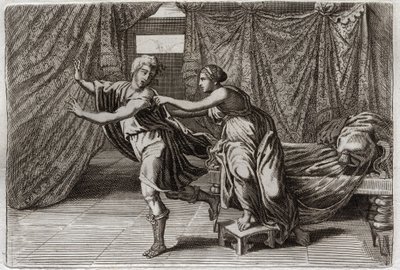 Biblia de Royaumont, Antiguo Testamento: Castidad de José. José es solicitado por la esposa de Putifar y es encarcelado. Ilustración de 1811. de Unknown artist