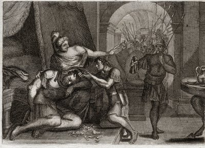 Biblia de Royaumont, Antiguo Testamento: Muerte de Sansón. Sansón revela a Dalila que su fuerza estaba en su cabello. Ella le corta el cabello y trae a los soldados filisteos a la habitación. Ilustración de 1811. de Unknown artist