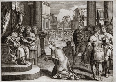 Biblia de Royaumont, Antiguo Testamento: Castigo de Amán. Asuero I (Jerjes I) cuelga a Amán (Hamán) de la horca que había preparado para Mardoqueo (o Mordejai o Mardoqueo) y retracta el Edicto de Muerte que había publicado en todo su reino contra los judío de Unknown artist
