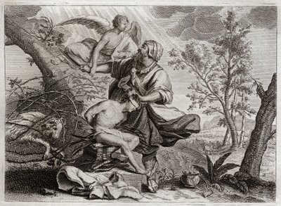 Biblia de Royaumont, Antiguo Testamento: Sacrificio de Abraham. Un ángel sostiene la mano de Abraham antes del sacrificio de su hijo Isaac. A la izquierda, el carnero que Abraham matará en su lugar. Ilustración de 1811. de Unknown artist