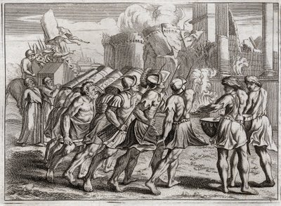 Biblia de Royaumont, Antiguo Testamento: Toma de Jericó. Las murallas de Jericó caen al suelo al sonido de las trompetas de los sacerdotes que precedían el Arca de la Alianza del Señor. Ilustración de 1811. de Unknown artist