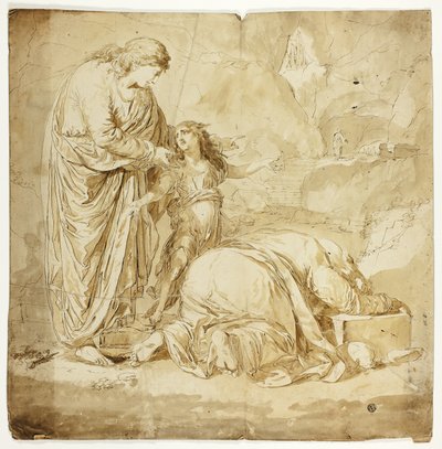 Escena bíblica con dos mujeres y un niño en primer plano de Unknown artist