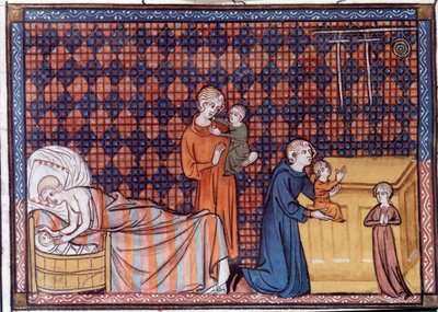Nacimiento y educación del rey de Francia Luis IX o San Luis (1214-1270). Miniatura del manuscrito "Vida y Milagros de San Luis" de Guillermo de Saint Pathus de Unknown artist
