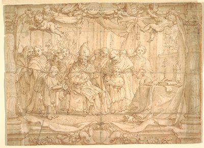 Obispo con un grupo de personas de Unknown artist