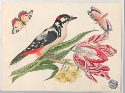 Pájaro moteado blanco y negro en tallo de tulipán, con narcisos y mariposas de Unknown artist