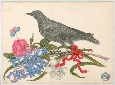 Pájaro negro con flores, mariposa y cinta roja de Unknown artist