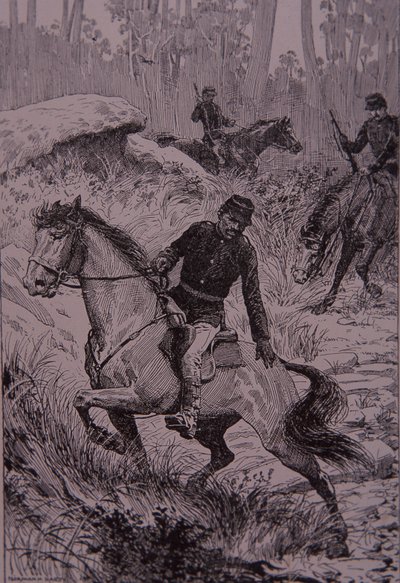 Rastreadores negros persiguiendo a bushrangers en Australia (grabado) de Unknown artist