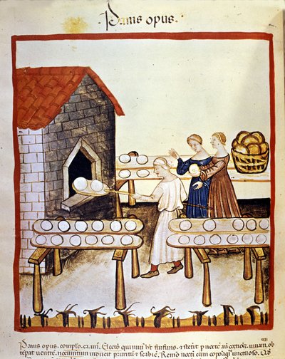 Pan negro: un panadero trabajando frente a un horno. Iluminación del "Tacuinum sanitatis" de Unknown artist