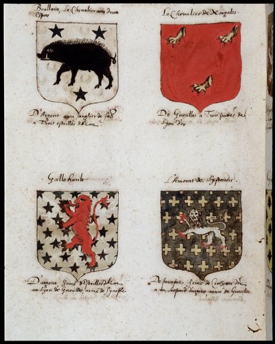 Blasones de los Caballeros de la Mesa Redonda: 1. Brallain, el caballero con dos oscilaciones, 2. El Caballero de Norgales, 3. Gallehault, 4. El amorato de Lystenois. sd. siglo XIX de Unknown artist