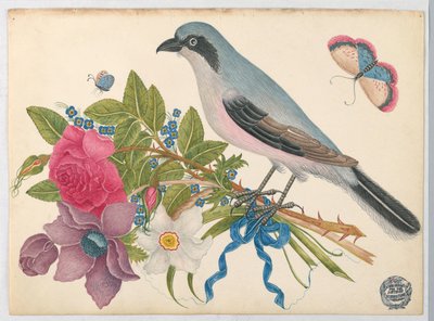 Pájaro azul en ramo de rosas y tulipanes, con mariposas de Unknown artist
