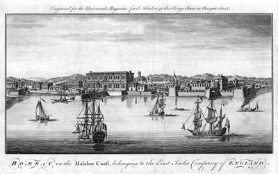 Bombay, puerto de la Compañía de las Indias Orientales de Inglaterra en la costa Malabar de la India, con buques comerciales de la Compañía en primer plano y almacenes y edificios en el muelle detrás. Grabado al cobre, Londres de Unknown artist